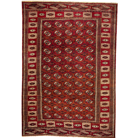 Turkmen Persian Rug 12x8 ft - Semi Antique Geometric Crimson, Navy Blue Hand Knotted | front view | SKU 110149