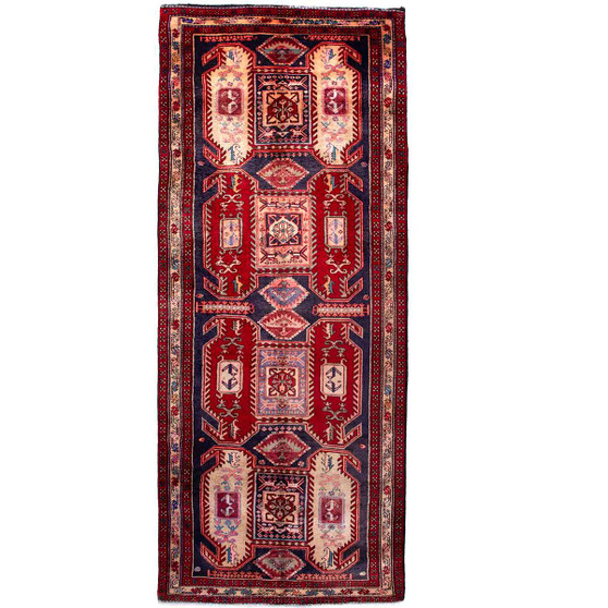 Ardabil Persian Rug 10x4 ft - Semi Antique Medallion Toranj, Geometric Dark Red, Navy Blue, Cream Hand Knotted | front view | SKU 112971