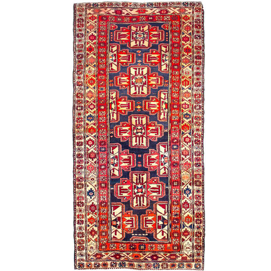 Ardabil Persian Rug 9x4 ft - Semi Antique Medallion Turquoise, White Hand Knotted | front view | SKU 112975