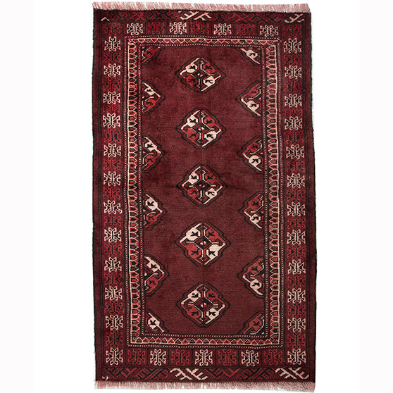 Turkmen Persian Rug 3'11" x 2'4" - Semi Antique Geometric Crimson, Navy Blue Hand Knotted | front view | SKU 110150