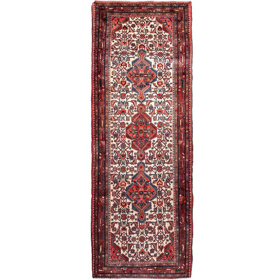Hamadan Persian Rug 9x3 ft - Semi Antique Afshan Red, Blue Hand Knotted | front view | SKU 112979