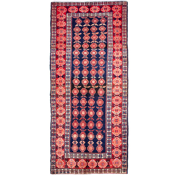 Meshkin Persian Rug 10x4 ft - Semi Antique Geometric Crimson, Green Hand Knotted | front view | SKU 112980