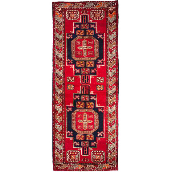 Ardabil Persian Rug 10x4 ft - Semi Antique Medallion Turquoise, White Hand Knotted | front view | SKU 112984