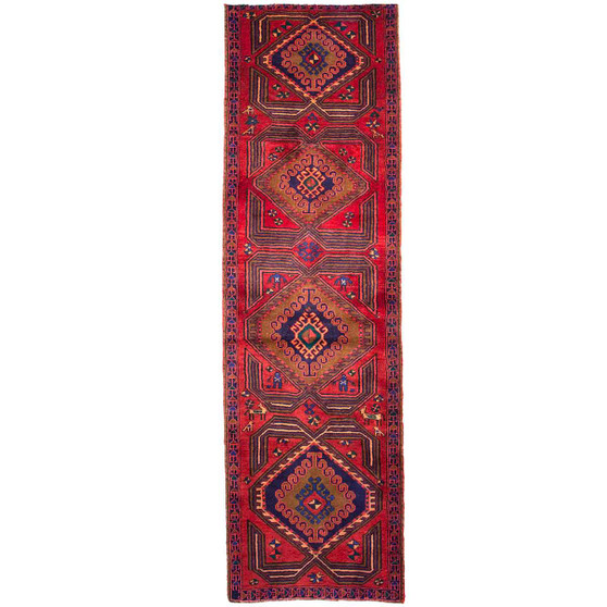 Azerbaijan Persian Rug 9'10" x 2'8" - Semi Antique Medallion Red, Cream Hand Knotted | front view | SKU 112986