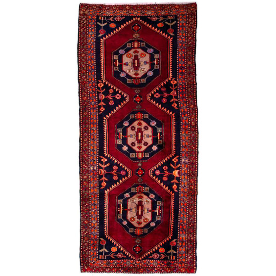 Ardabil Persian Rug 10x4 ft - Semi Antique Medallion Geometric Dark Red, Navy Blue, Crimson Hand Knotted | front view | SKU 112988