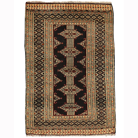 Turkmen Persian Rug 3'5" x 2'4" - Semi Antique Geometric Crimson, Navy Blue Hand Knotted | front view | SKU 110153
