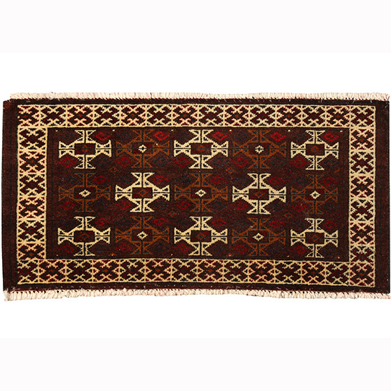 Turkmen Persian Rug 2'7" x 1'4" - Semi Antique Geometric Crimson, Navy Blue Hand Knotted | front view | SKU 110154