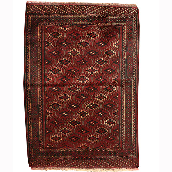 Turkmen Persian Rug 4x2 ft - Semi Antique Geometric, Turkmen Gul Dark Red, Madder Red, Navy Blue Hand Knotted | front view | SKU 110156