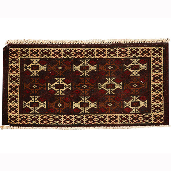 Turkmen Persian Rug 2'8" x 1'4" - Semi Antique Geometric Crimson, Navy Blue Hand Knotted | front view | SKU 110158