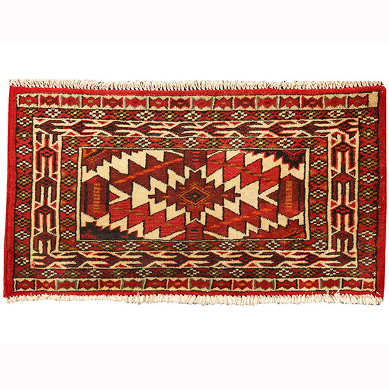 Turkmen Persian Rug 2x1 ft - Semi Antique Geometric Crimson, Navy Blue Hand Knotted | front view | SKU 110161