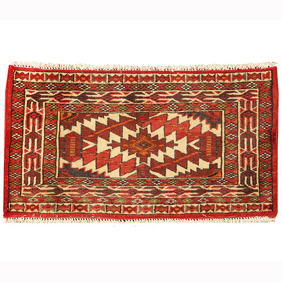 Turkmen Persian Rug 2x1 ft - Semi Antique Geometric Crimson, Navy Blue Hand Knotted | front view | SKU 110162