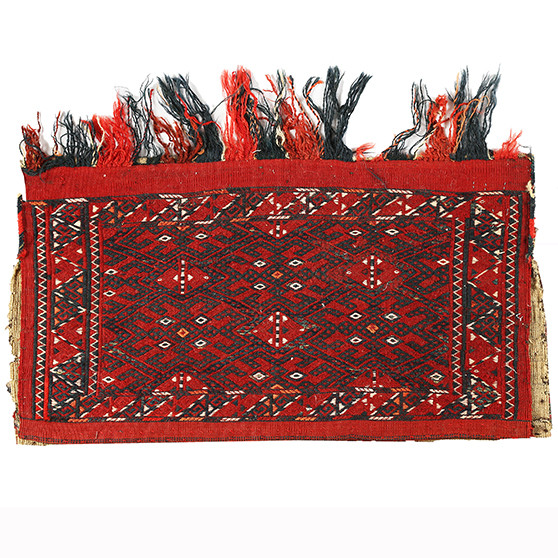 Turkmen Persian Rug 2x1 ft - Semi Antique Geometric Crimson, Navy Blue Hand Knotted | front view | SKU 110167