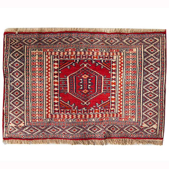 Turkmen Persian Rug 3'1" x 1'12" - Semi Antique Geometric Crimson, Navy Blue Hand Knotted | front view | SKU 110169