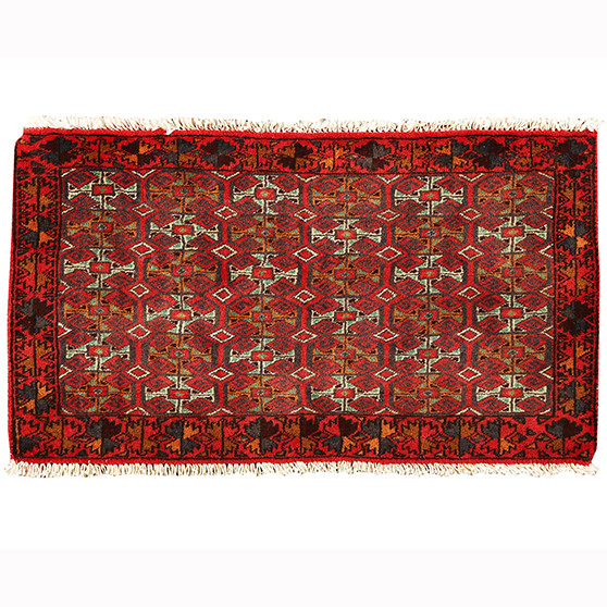 Turkmen Persian Rug 2'9" x 1'8" - Semi Antique Geometric Crimson, Navy Blue Hand Knotted | front view | SKU 110171