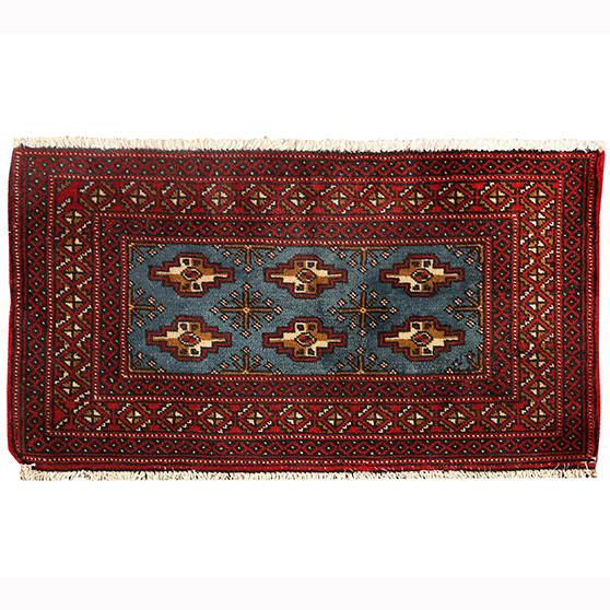Turkmen Persian Rug 3'3" x 1'9" - Semi Antique Geometric Crimson, Navy Blue Hand Knotted | front view | SKU 110172