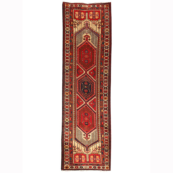 Ardabil Persian Rug 11'2" x 3'3" - Semi Antique Medallion Turquoise, White Hand Knotted | front view | SKU 110199
