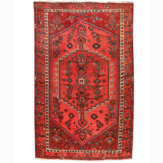 Zanjan Persian Rug 6'7" x 4'1" - Semi Antique Medallion Navy Blue, Crimson Hand Knotted | front view | SKU 110201