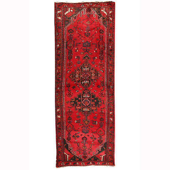 Zanjan Persian Rug 9'10" x 3'5" - Semi Antique Medallion Navy Blue, Crimson Hand Knotted | front view | SKU 110202
