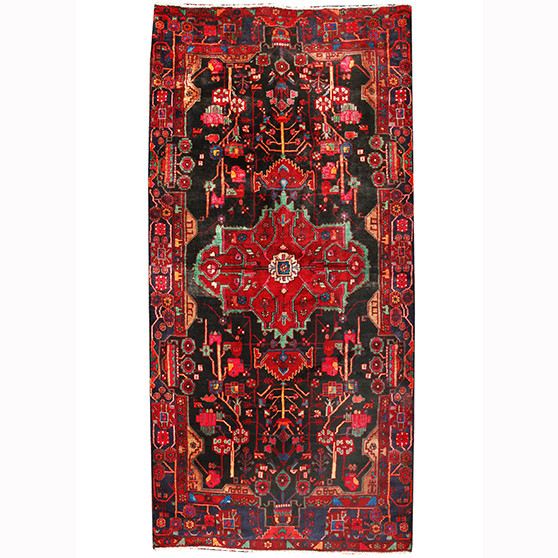 Nahavand Persian Rug 10x5 ft - Semi Antique Medallion Navy Blue, Red Hand Knotted | front view | SKU 110203