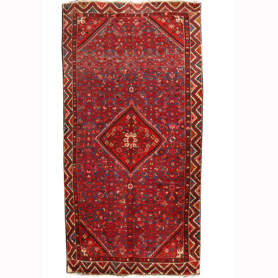 Hamadan Persian Rug 9'8" x 4'10" - Semi Antique Afshan Red, Blue Hand Knotted | front view | SKU 110204