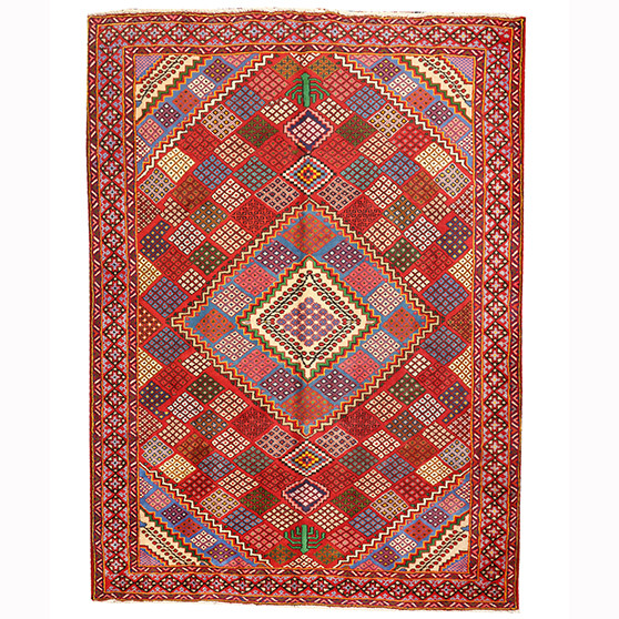 Mahabad Persian Rug 9x6 ft - Semi Antique Diamond Lattice, Geometric Madder Red, Blue, Ivory Hand Knotted | front view | SKU 110205