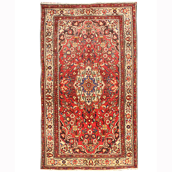 Hamadan Persian Rug 9x5 ft - Semi Antique Afshan Red, Blue Hand Knotted | front view | SKU 110208