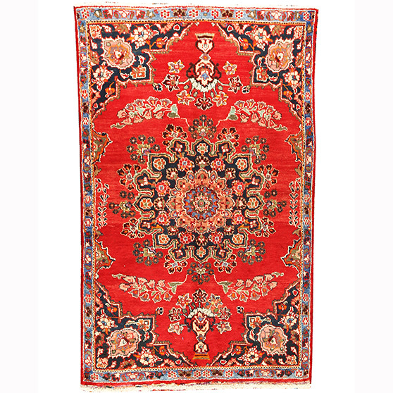 Zanjan Persian Rug 6'1" x 3'11" - Semi Antique Medallion Navy Blue, Crimson Hand Knotted | front view | SKU 110211