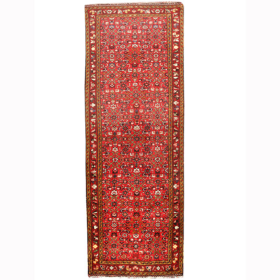 Hamadan Persian Rug 10x3 ft - Semi Antique Afshan Red, Blue Hand Knotted | front view | SKU 110214