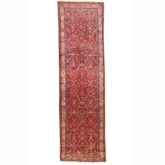 Hamadan Persian Rug 12'10" x 3'7" - Semi Antique Afshan Red, Blue Hand Knotted | front view | SKU 110217