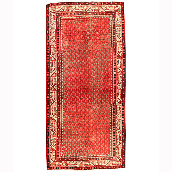 Arak Persian Rug 7x3 ft - Semi Antique Herati (Mahi) Red, Cream, Navy Blue Hand Knotted | front view | SKU 110218