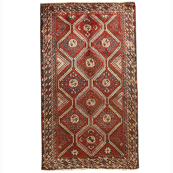 Shiraz Persian Rug 9'8" x 5'3" - Semi Antique Geometric Blue, Red Hand Knotted | front view | SKU 110219