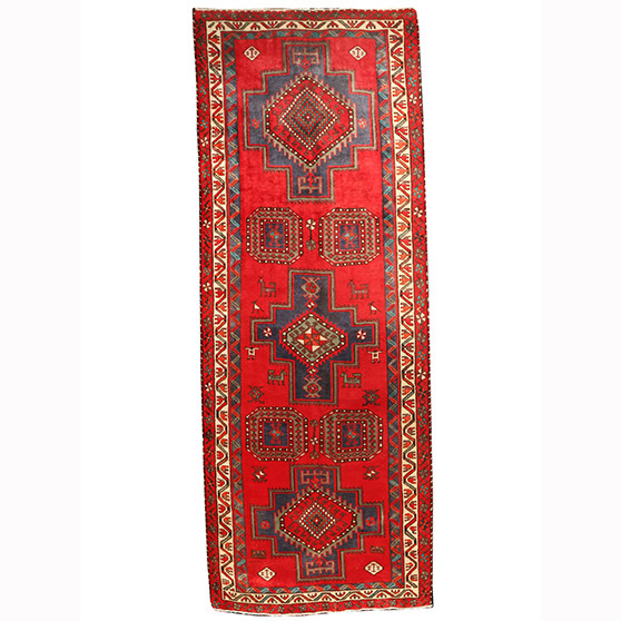 Ardabil Persian Rug 11x4 ft - Semi Antique Medallion Turquoise, White Hand Knotted | front view | SKU 110220
