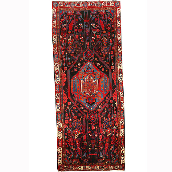Nahavand Persian Rug 11'6" x 4'10" - Semi Antique Medallion Navy Blue, Red Hand Knotted | front view | SKU 110221
