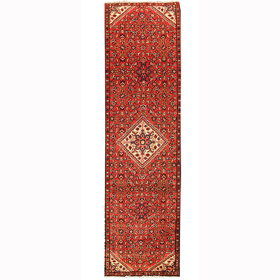 Hamadan Persian Rug 10x2 ft - Semi Antique Herati (Mahi), Diamond Lattice Madder Red, Cream, Navy Blue Hand Knotted | front view | SKU 110223