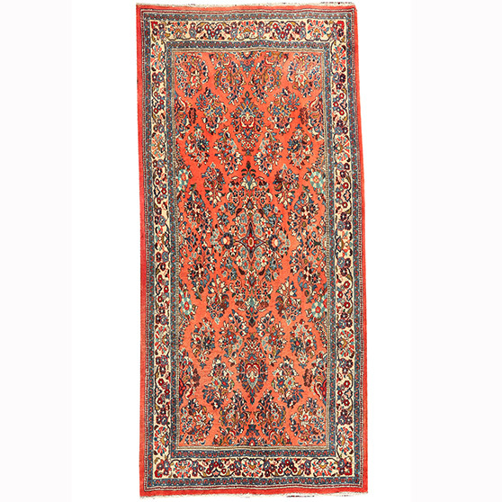 Sarouk Persian Rug 10x4 ft - Semi Antique Medallion Red, Blue Hand Knotted | front view | SKU 110224
