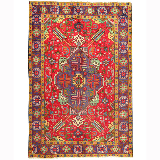 Tabriz Persian Rug 6'6" x 4'8" - Semi Antique Medallion Red, Cream Hand Knotted | front view | SKU 110233