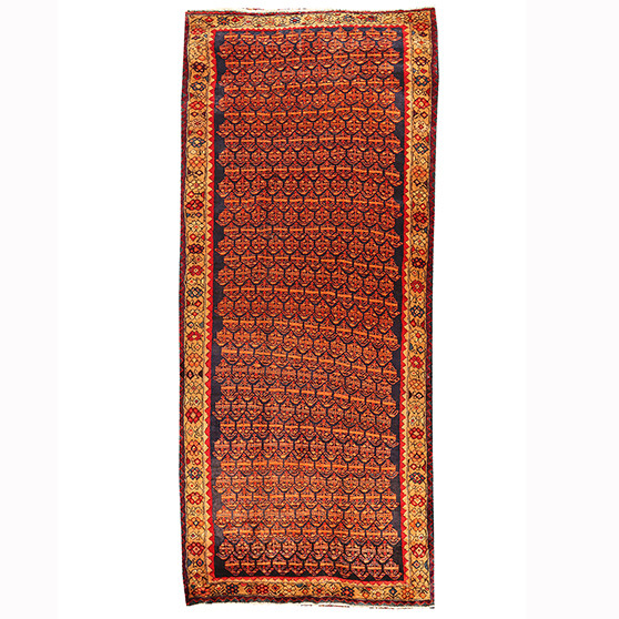 Meshkin Persian Rug 10'11" x 4'5" - Semi Antique Geometric Crimson, Green Hand Knotted | front view | SKU 110234