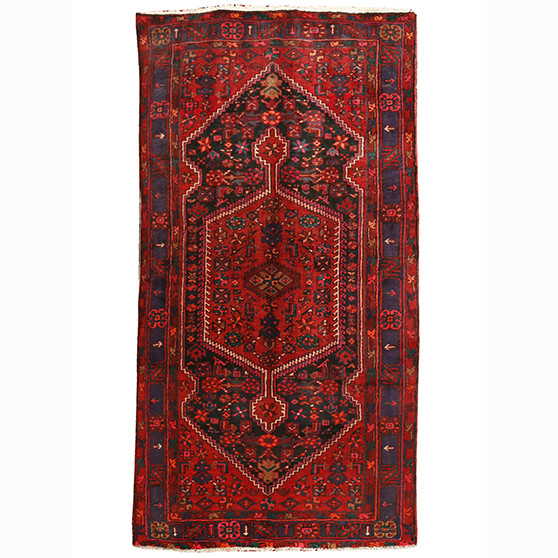 Qazvin Persian Rug 9x4 ft - Semi Antique Medallion (Toranj), Herati (Mahi) Madder Red, Navy Blue, Dark Red Hand Knotted | front view | SKU 110235