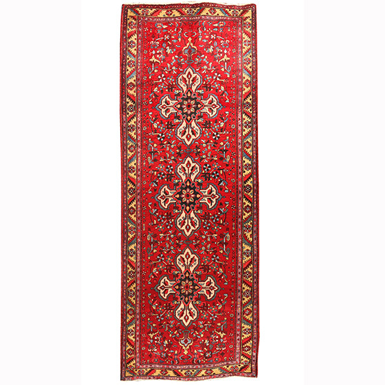 Ardabil Persian Rug 11x4 ft - Semi Antique Medallion (Toranj), Geometric Red, Cream, Navy Blue Hand Knotted | front view | SKU 110236