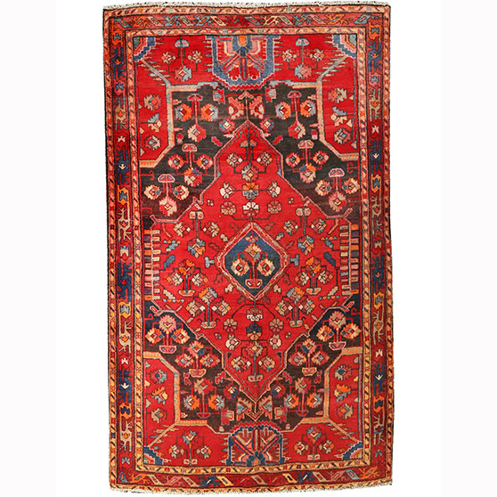 Zanjan Persian Rug 7'3" x 4'2" - Semi Antique Medallion Navy Blue, Crimson Hand Knotted | front view | SKU 110237