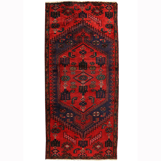 Zanjan Persian Rug 5'9" x 2'7" - Semi Antique Medallion Navy Blue, Crimson Hand Knotted | front view | SKU 110238