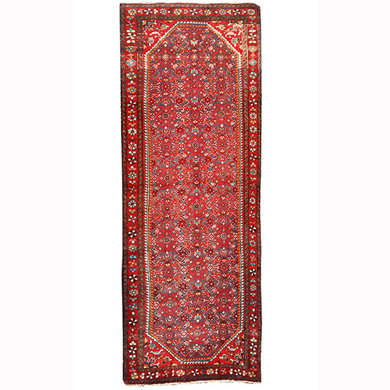 Farahan Persian Rug 10x3 ft - Semi Antique Medallion Red, Green Hand Knotted | front view | SKU 110239