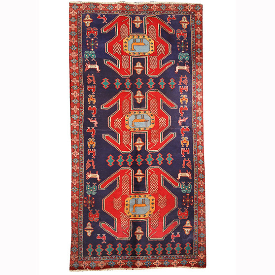 Zanjan Persian Rug 9x4 ft - Semi Antique Medallion Navy Blue, Crimson Hand Knotted | front view | SKU 110241
