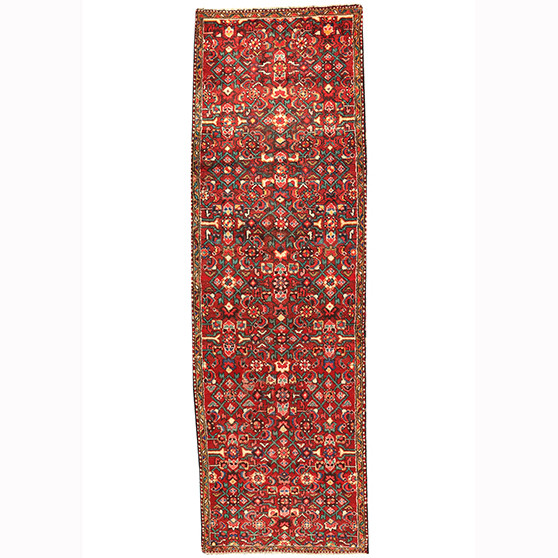 Hamadan Persian Rug 8x2 ft - Semi Antique Herati Afshan Madder Red, Navy Blue, Ivory Hand Knotted | front view | SKU 110246