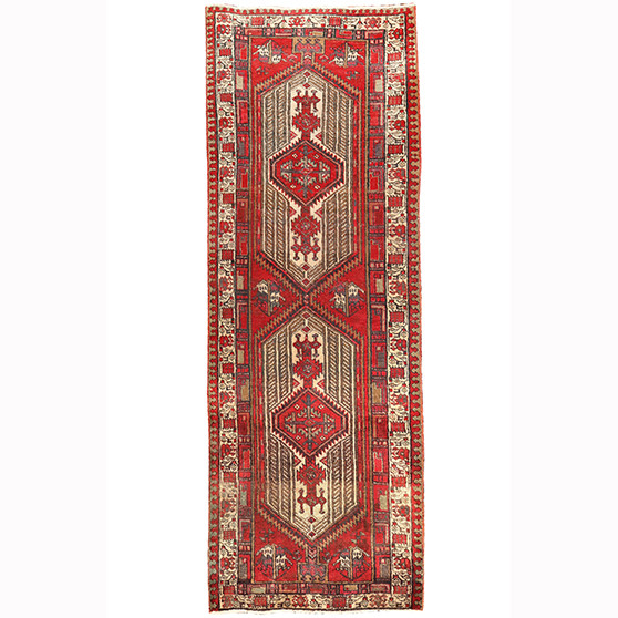 Ardabil Persian Rug 10x3 ft - Semi Antique Medallion Turquoise, White Hand Knotted | front view | SKU 110247