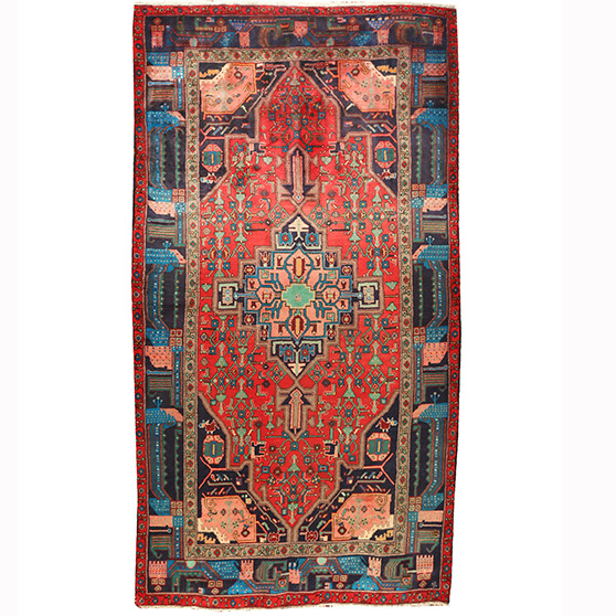 Nahavand Persian Rug 10x4 ft - Semi Antique Medallion Navy Blue, Red Hand Knotted | front view | SKU 110251