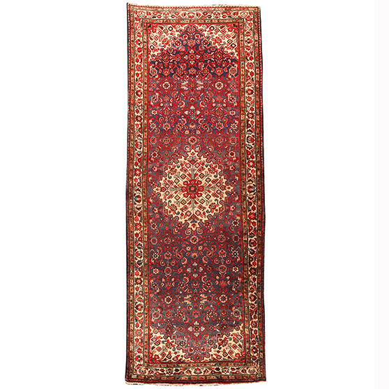 Farahan Persian Rug 10x3 ft - Semi Antique Medallion (Toranj), Herati (Mahi) Madder Red, Cream, Navy Blue Hand Knotted | front view | SKU 110252