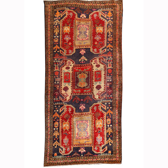 Ardabil Persian Rug 9x4 ft - Semi Antique Medallion Turquoise, White Hand Knotted | front view | SKU 110253