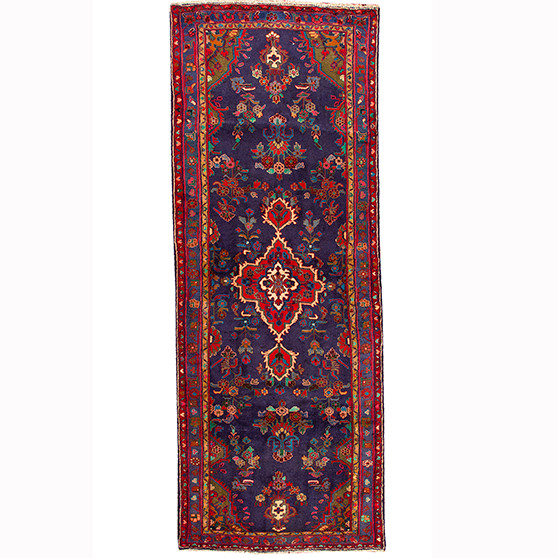 Zanjan Persian Rug 10x3 ft - Semi Antique Medallion (Toranj), Herati (Mahi) Navy Blue, Crimson, Madder Red Hand Knotted | front view | SKU 110286