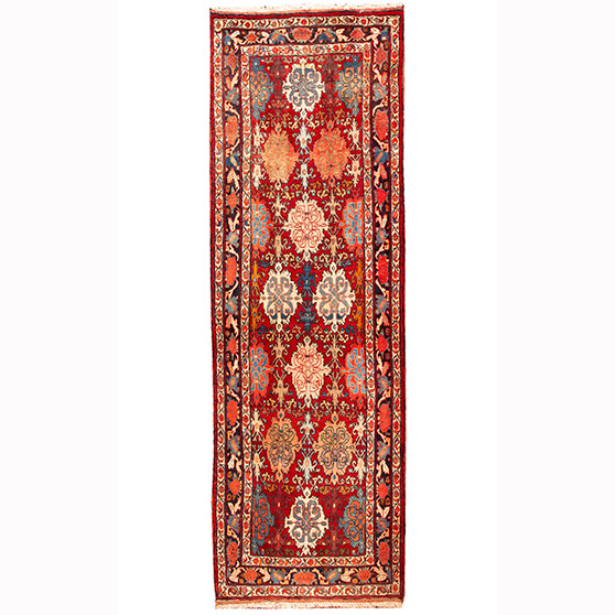 Hamadan Persian Rug 10'9" x 3'7" - Semi Antique Afshan Red, Blue Hand Knotted | front view | SKU 110287
